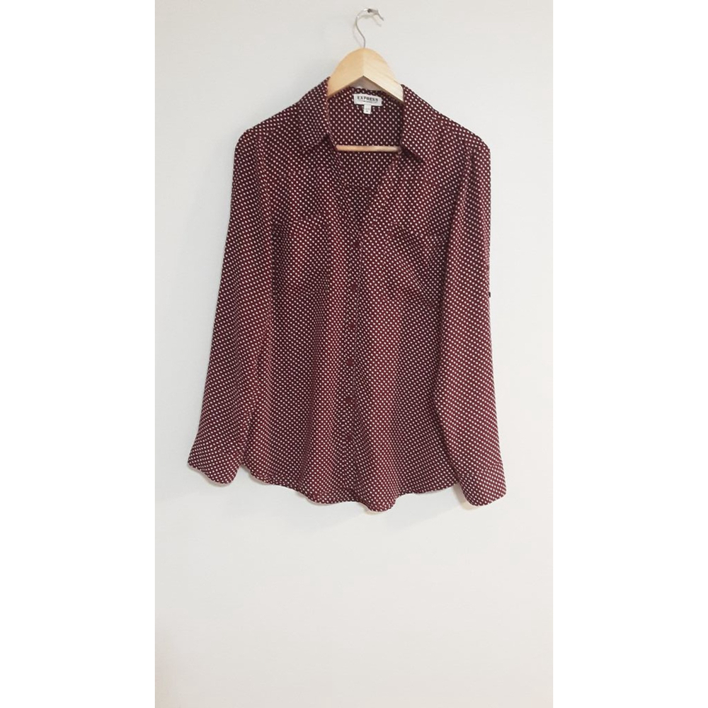 Women's Express Portofino Shirt Size L Burgundy White Polka Dot